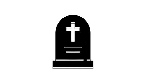 黑色墓碑与交叉图标隔离在白色背景 雕刻的图标 万圣节快乐派对4K视频运动图形动画 — 图库视频影像