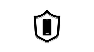Black Smartphone, mobile phone with security shield icon isolated on white background. Security, safety, protection concept. 4K Video motion graphic animation.