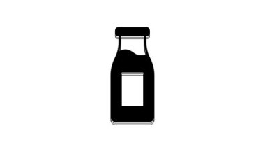Siyah kapalı cam şişe ve beyaz arka planda izole edilmiş süt ikonu. 4K Video hareketli grafik canlandırması.