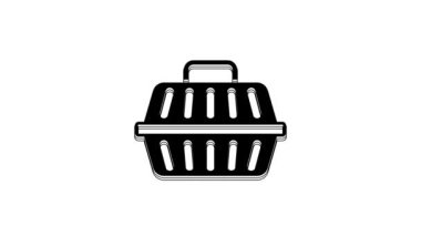 Beyaz arkaplanda siyah hayvan çantası simgesi var. Hayvanlar, köpekler ve kediler için taşıyıcı. Hayvanlar için konteynır. Hayvan taşıma kutusu. 4K Video hareketli grafik canlandırması.