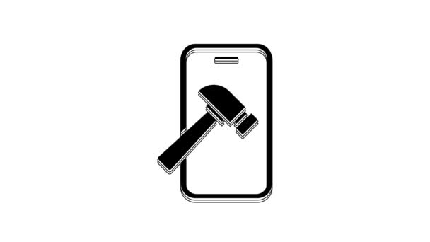 Black Smartphone Broken Screen Icon Isolated White Background Shattered Phone — Vídeo de Stock