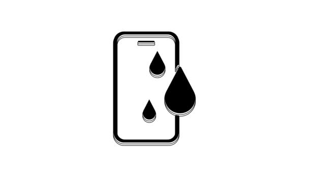 Black Waterproof Mobile Phone Icon Isolated White Background Smartphone Drop — Vídeo de stock