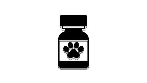 白の背景に単離された黒薬瓶と錠剤のアイコン 薬の入った容器だ 動物用処方薬 4Kビデオモーショングラフィックアニメーション — ストック動画