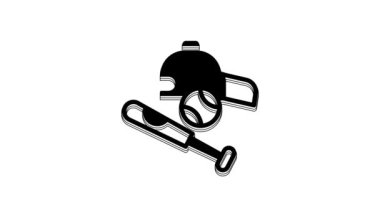 Black Baseball bat with ball, hat icon isolated on white background. 4K Video motion graphic animation.