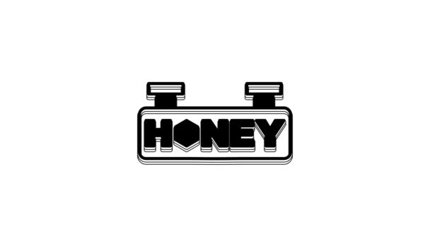 白い背景に隔離されたハニカム付きブラックハンギングサイン 看板のアイコン 蜂蜜の細胞のシンボル 甘い自然食品 4Kビデオモーショングラフィックアニメーション — ストック動画