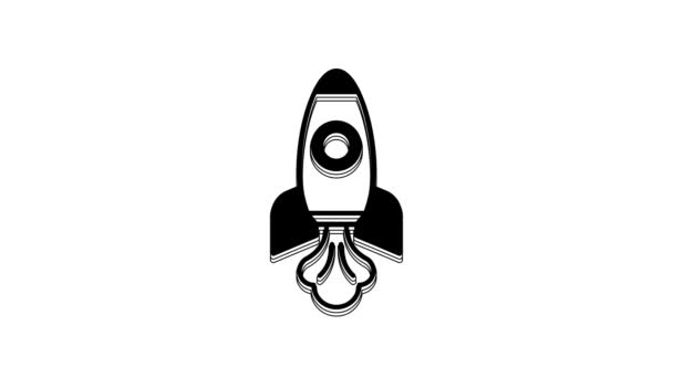 白い背景に隔離されたブラックロケット船のアイコン 宇宙旅行 4Kビデオモーショングラフィックアニメーション — ストック動画