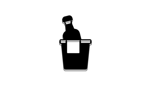 白の背景に隔離されたアイスバケツアイコンにシャンパンのブラックボトル 4Kビデオモーショングラフィックアニメーション — ストック動画