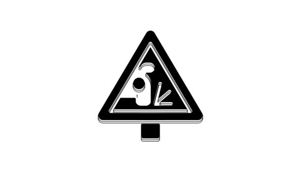 黒の警告道路標識白い背景に隔離された石の材料のアイコンを投げる 交通ルールと安全な運転 4Kビデオモーショングラフィックアニメーション — ストック動画