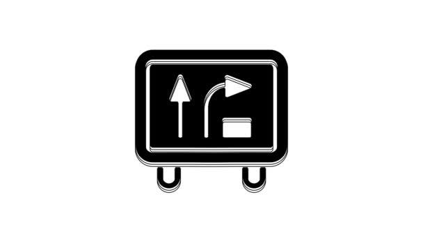 ブラックロードの交通標識 白い背景にアイコンが隔離されています ポインタ記号 孤立した道路情報標識 方向標識 4Kビデオモーショングラフィックアニメーション — ストック動画