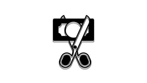 Black Scissors Cutting Money Icon Isolated White Background Price Cost — Stockvideo