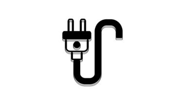 Beyaz arkaplanda siyah elektrik prizi simgesi izole edildi. Bağlantı kavramı ve elektriğin kesilmesi. 4K Video hareketli grafik canlandırması.