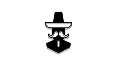 Black Mexican man wearing sombrero icon isolated on white background. Hispanic man with a mustache. 4K Video motion graphic animation.