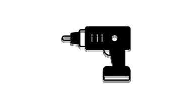 Black Electric cordless screwdriver icon isolated on white background. Electric drill machine. Repair tool. 4K Video motion graphic animation.