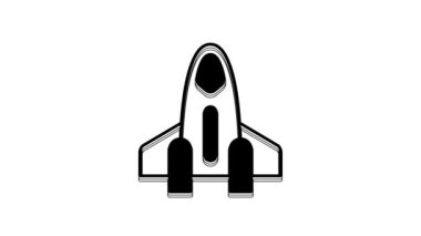 Siyah Roket gemisi simgesi beyaz arkaplanda izole edildi. Uzay yolculuğu. 4K Video hareketli grafik canlandırması.