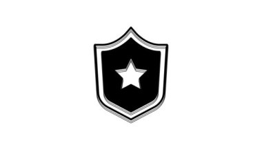 Siyah Polis rozet simgesi beyaz arka planda izole edildi. Şerif rozeti. Yıldız sembollü kalkan. 4K Video hareketli grafik canlandırması.