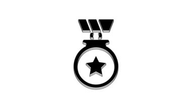 Beyaz zemin üzerinde yıldız simgesi olan siyah madalya. Kazanan başarı işareti. Ödül madalyası. 4K Video hareketli grafik canlandırması.