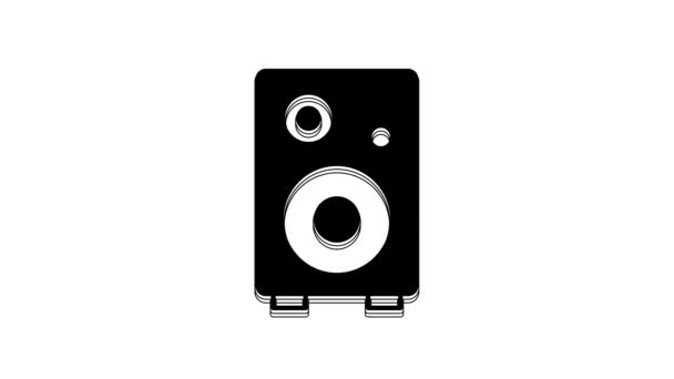 黒のステレオスピーカーアイコンは 白の背景に隔離されました サウンドシステムのスピーカー 音楽アイコン 音楽コラムスピーカーベース機器 4Kビデオモーショングラフィックアニメーション — ストック動画