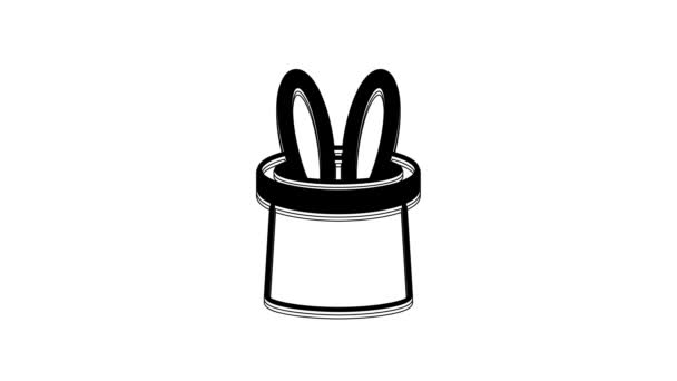 黑色魔法帽和兔子耳朵图标孤立在白色背景 魔术把戏 神秘的娱乐理念 4K视频运动图形动画 — 图库视频影像