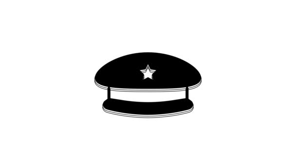 黑色军事贝雷帽图标孤立在白色背景 士兵帽 陆军帽 战争酒店 4K视频运动图形动画 — 图库视频影像