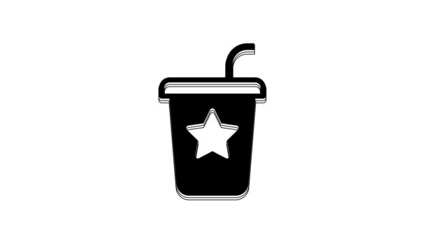 白を基調としたストローと水のアイコンが描かれたブラックペーパーグラス ソーダドリンクグラス 新鮮な冷たい飲み物のシンボル 4Kビデオモーショングラフィックアニメーション — ストック動画