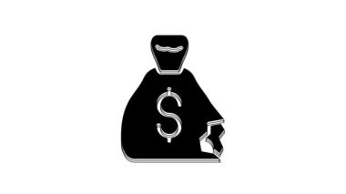Siyah Para Çantası simgesi beyaz arkaplanda izole edildi. Dolar ya da USD sembolü. Nakit bankacılık tabelası. 4K Video hareketli grafik canlandırması.
