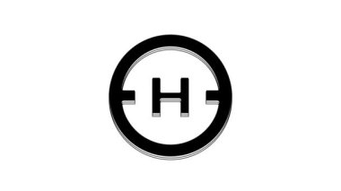 Siyah helikopter iniş pisti simgesi beyaz arka planda izole edildi. Helikopter pisti, alan, platform, H harfi. 4K Video hareketli grafik canlandırması.