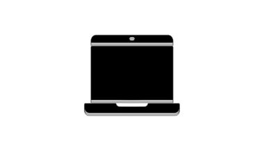 Beyaz arkaplanda siyah dizüstü bilgisayar simgesi izole edildi. Boş ekran işaretli bilgisayar defteri. 4K Video hareketli grafik canlandırması.