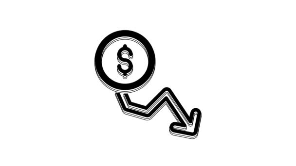 Black Dollar rate decrease icon isolated on white background. Cost reduction. Money symbol with down arrow. Business lo…