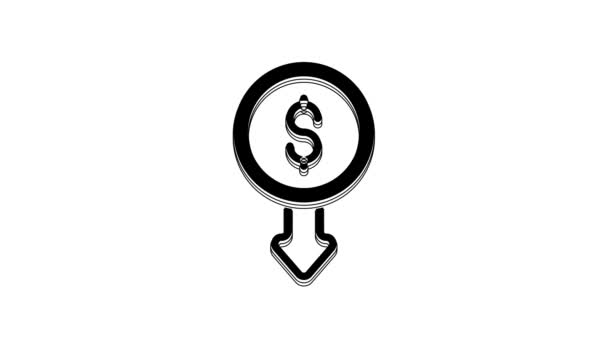 Black Dollar rate decrease icon isolated on white background. Cost reduction. Money symbol with down arrow. Business lo…