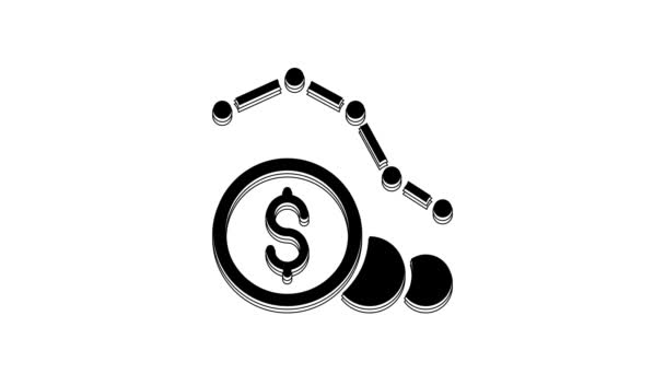 Black Dollar rate decrease icon isolated on white background. Cost reduction. Money symbol with down arrow. Business lo…