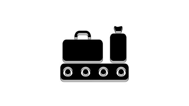 乗客の荷物 スーツケース バッグ 手荷物アイコンと黒の空港コンベアベルト白い背景に隔離された 4Kビデオモーショングラフィックアニメーション — ストック動画