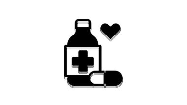 Siyah ilaç şişesi ve beyaz arka planda izole edilmiş hap ikonu. Şişe hapı işareti. Eczane tasarımı. 4K Video hareketli grafik canlandırması.