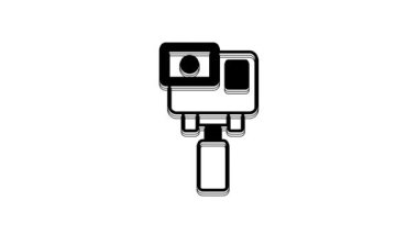 Siyah Eylem ekstrem kamera simgesi beyaz arkaplanda izole edildi. Ekstrem sporları çekmek için video kamera ekipmanı. 4K Video hareketli grafik canlandırması.