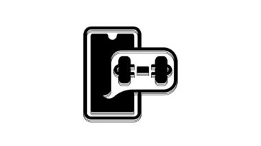 Black Fitness app for sports icon isolated on white background. Healthcare mobile app concept. Online fitness or mobile trainer. 4K Video motion graphic animation.