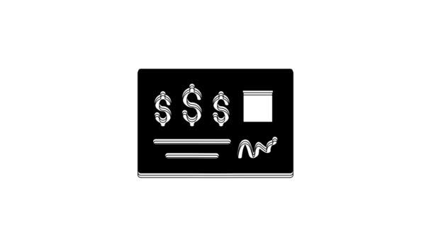 銀行小切手のブラック ブランク テンプレートと白い背景に孤立したペン アイコン 空のフィールドでチェックブックチェックページを入力します 4Kビデオモーショングラフィックアニメーション — ストック動画