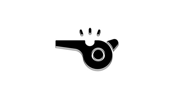 黒のホイッスルアイコンは白の背景に隔離されています シンボルを参照 フィットネスとスポーツの看板 4Kビデオモーショングラフィックアニメーション — ストック動画