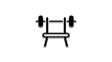 Black Bench with barbell icon isolated on white background. Gym equipment. Bodybuilding, powerlifting, fitness concept. 4K Video motion graphic animation.