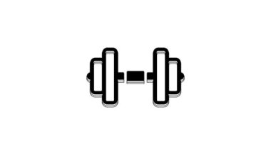 Siyah Dumbbell simgesi beyaz arkaplanda izole edildi. Kas kaldırma, fitness halteri, spor malzemeleri. 4K Video hareketli grafik canlandırması.