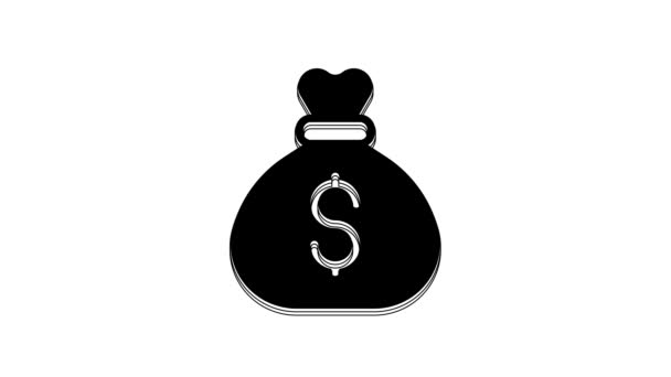 ブラックマネーバッグのアイコンを白の背景に隔離 ドルまたは米ドル記号 現金銀行の通貨記号 4Kビデオモーショングラフィックアニメーション — ストック動画