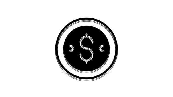 白い背景に隔離されたドル記号のアイコンを持つブラックコインのお金 銀行の通貨記号 現金記号 4Kビデオモーショングラフィックアニメーション — ストック動画