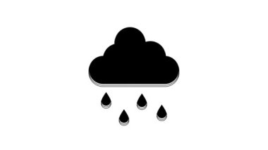 Beyaz arka planda izole edilmiş yağmur ikonu olan siyah bulut. Yağmur damlaları ile yağmur bulutu yağışı. 4K Video hareketli grafik canlandırması.