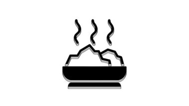 Beyaz arka planda izole edilmiş sıcak çorba ikonu siyah kasesi. 4K Video hareketli grafik canlandırması.