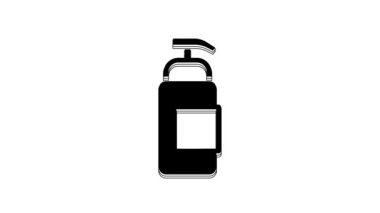 Siyah şişe anti bakteriyel sabun ve beyaz arka planda izole edilmiş şeker ikonu. Antiseptik. Dezenfeksiyon, hijyen, cilt bakımı. 4K Video hareketli grafik canlandırması.