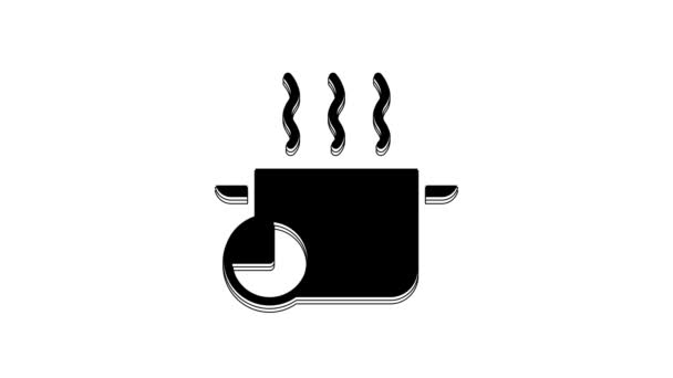 黑色烹饪壶和厨房定时器图标隔离在白色背景 蒸煮或炖煮食品的象征 4K视频运动图形动画 — 图库视频影像