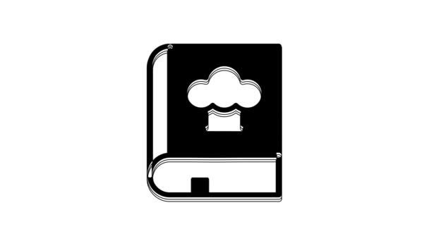 白い背景に隔離されたブラッククックブックのアイコン 料理本のアイコン レシピ本 フォークとナイフのアイコン かわいいシンボル 4Kビデオモーショングラフィックアニメーション — ストック動画
