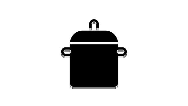 白い背景に隔離された黒い鍋のアイコン 沸騰またはシチュー食品のシンボル 4Kビデオモーショングラフィックアニメーション — ストック動画