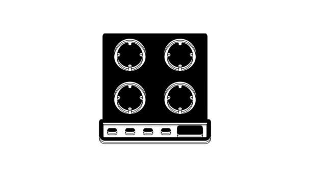 白い背景に隔離された黒いガスストーブのアイコン クックトップサインだ 4つのサークルバーナーでホブ 4Kビデオモーショングラフィックアニメーション — ストック動画