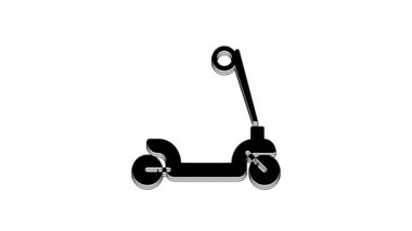 Beyaz arka planda izole edilmiş çocuk simgesi için siyah tekerlekli scooter. Motoru tekmele ya da dengeli sür. 4K Video hareketli grafik canlandırması.