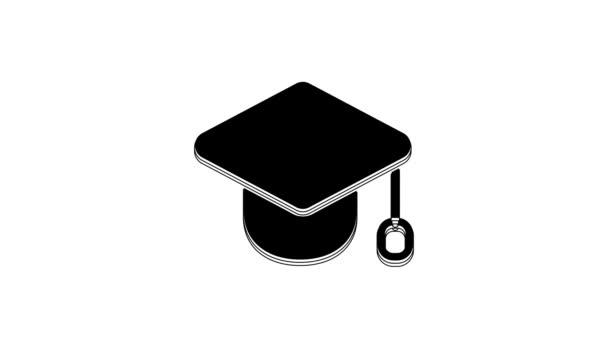 Μαύρο Καπέλο Αποφοίτησης Εικονίδιο Απομονωμένο Λευκό Φόντο Καπέλο Αποφοίτησης Φούντα — Αρχείο Βίντεο