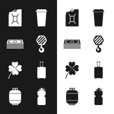 Set Industrial hook, Stacks paper money cash, Canister for gasoline, Coffee cup, Four leaf clover and Travel suitcase icon. Vector